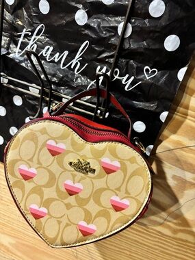 Coach Heart Mini Crossbody Bag in Pink, Tan & Red new condition no strap